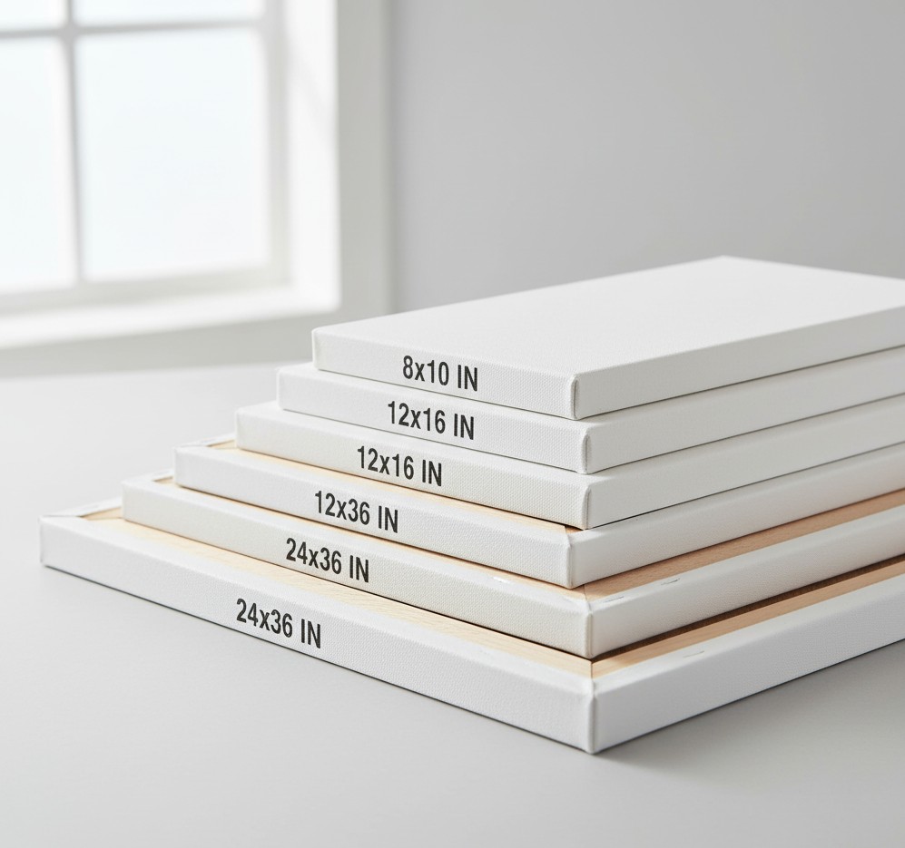 High-quality stretched painting canvas frames of various sizes stacked together for online purchase in India.