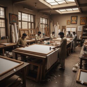 Indian artisans handcrafting wooden canvas frames in a professional art workshop using sustainable materials.