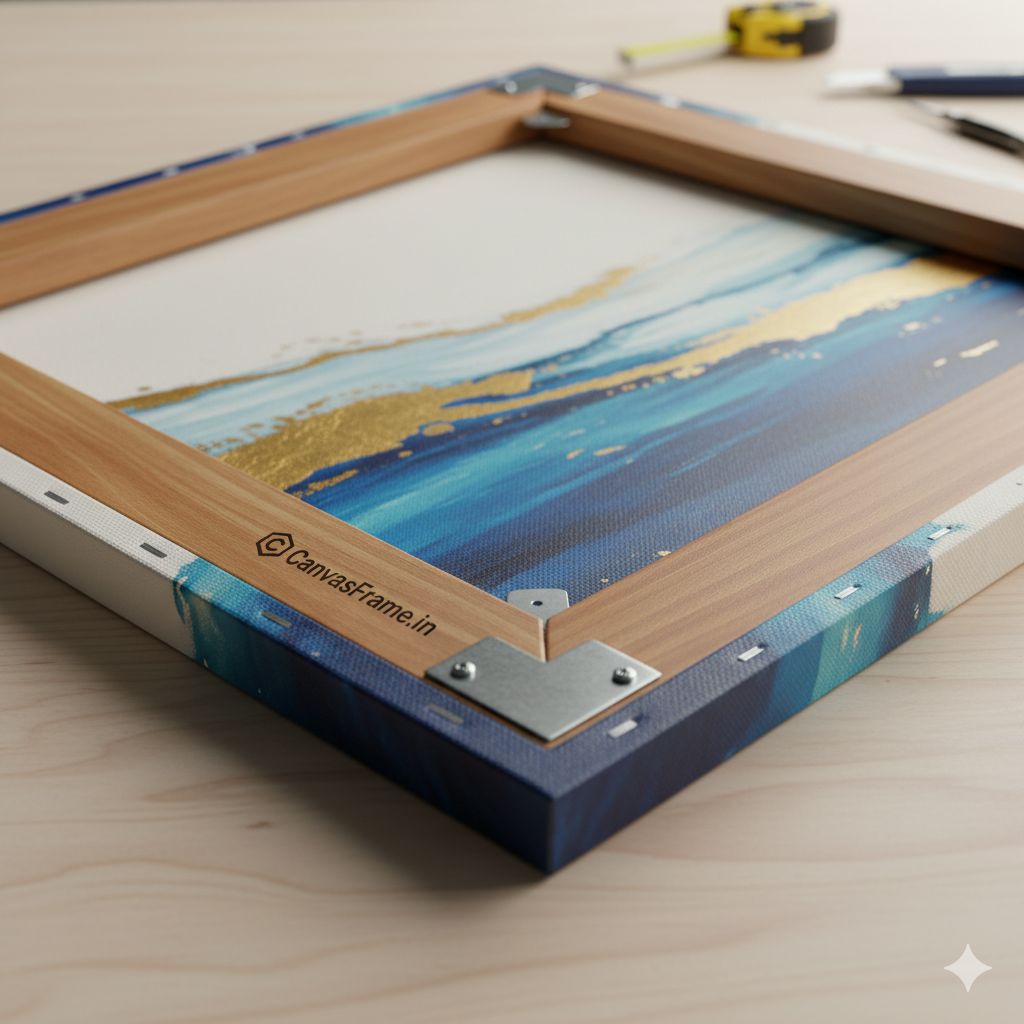 Close-up view of the back of a premium stretched canvas frame, showing its strong pine wood construction and metal corner brackets for durability