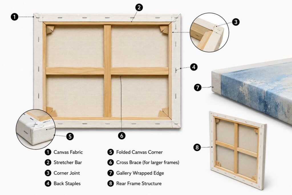 Technical diagram of a stretched canvas frame showing labeled parts including canvas fabric, stretcher bar, corner joint, back staples, folded canvas corner, cross brace, gallery wrapped edge, and rear frame structure.
