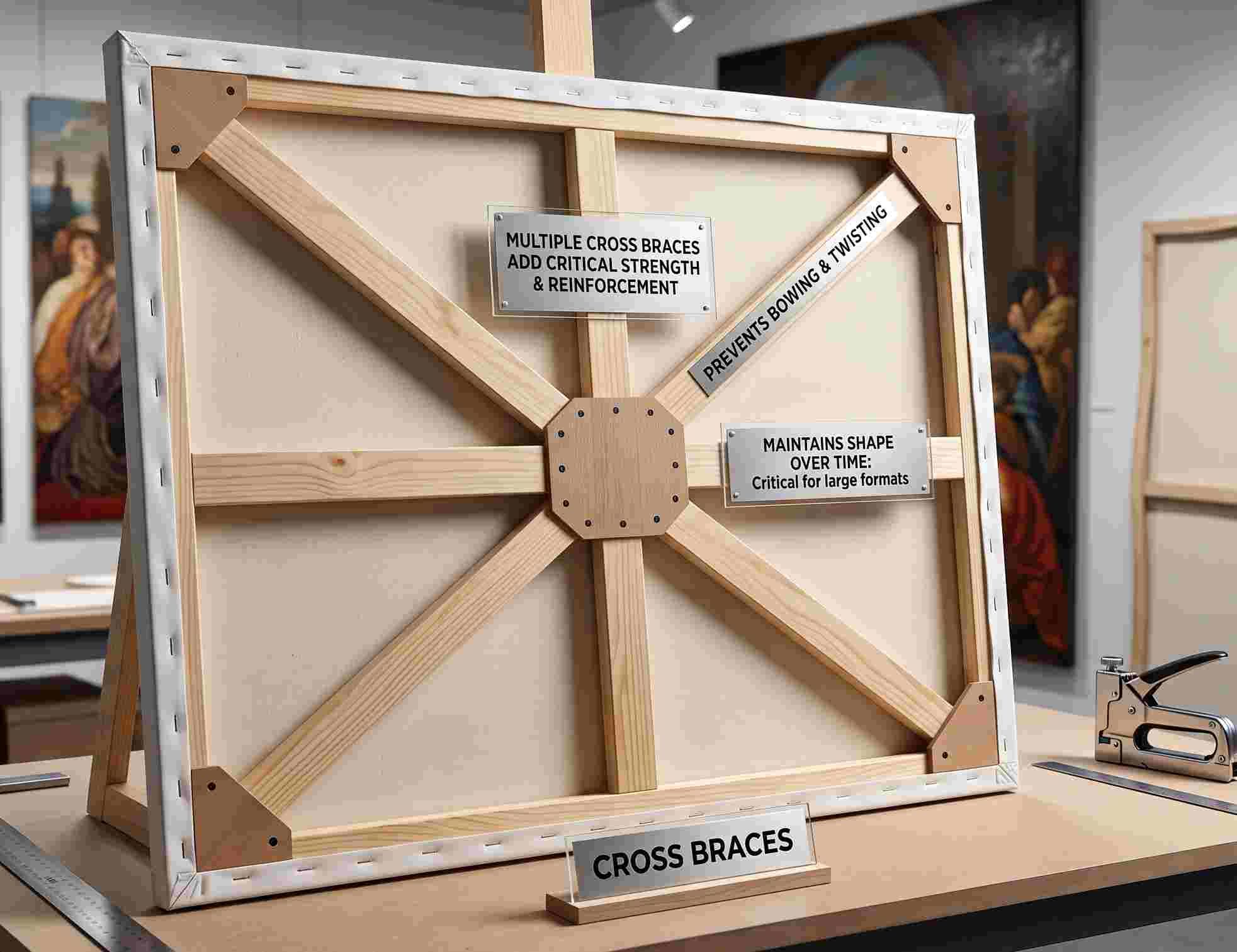 Back view of a large stretched canvas on a workbench, highlighting the wooden cross braces used to reinforce the frame.