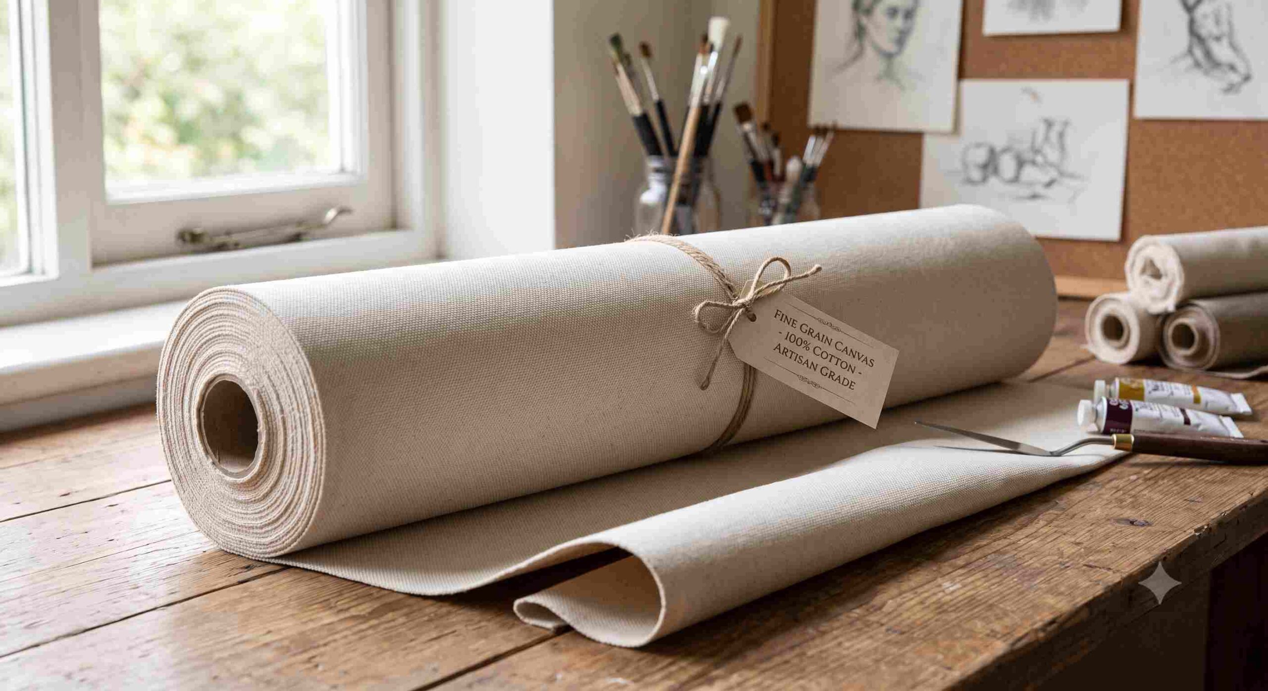 A large roll of raw, textured off-white cotton canvas, tied with twine and a paper tag, resting horizontally on a wooden workbench. The background shows an artist's studio setting with paintbrushes, paint tubes, and sketches near a window.