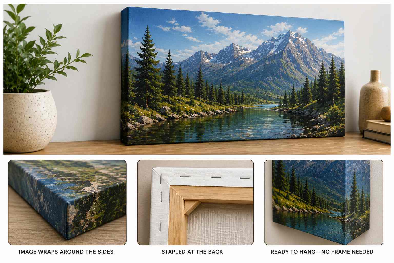 Gallery wrap stretched canvas showing wrapped edges, stapled back, and ready-to-hang frame-free finish for professional canvas printing.