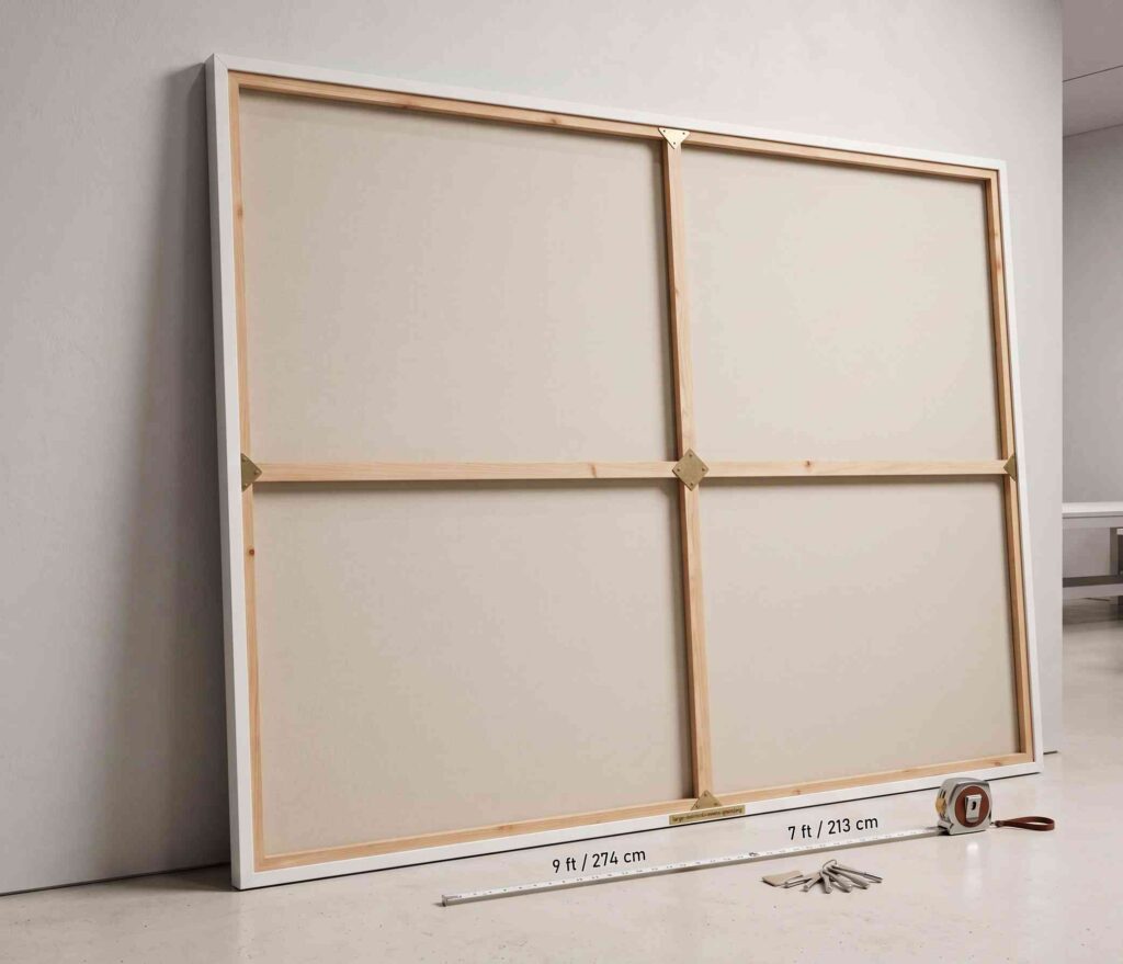 Back view of a stretched canvas showing the wooden frame and folded canvas corners.