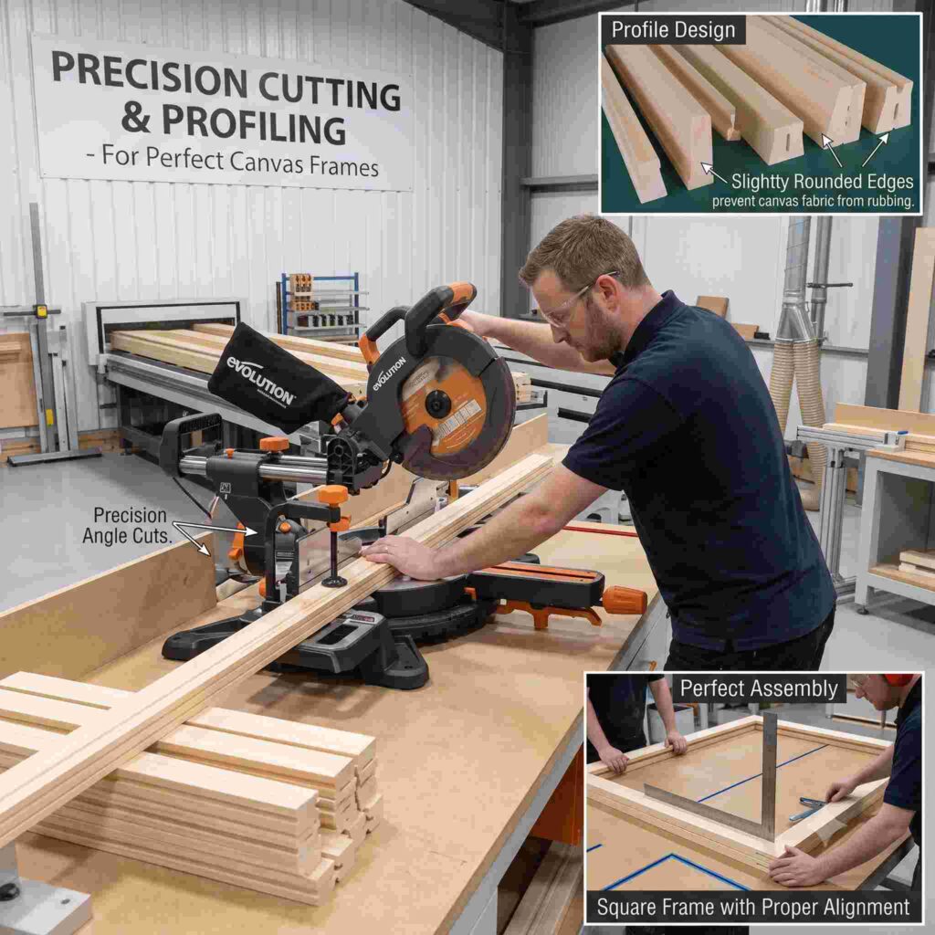 A woodworker using a mitre saw to cut wooden stretcher bars, with inset photos showing wood profiles and frame assembly.