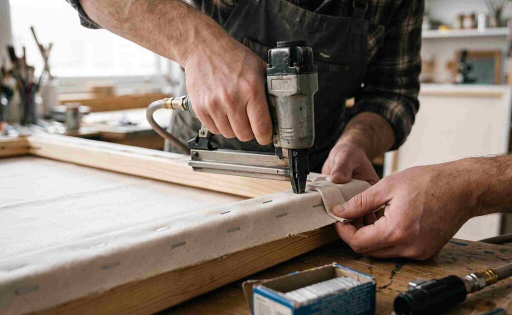 Close-up of hands using a pneumatic staple gun to attach canvas fabric to the back of a wooden stretcher frame, with a neatly folded corner and staples visible.