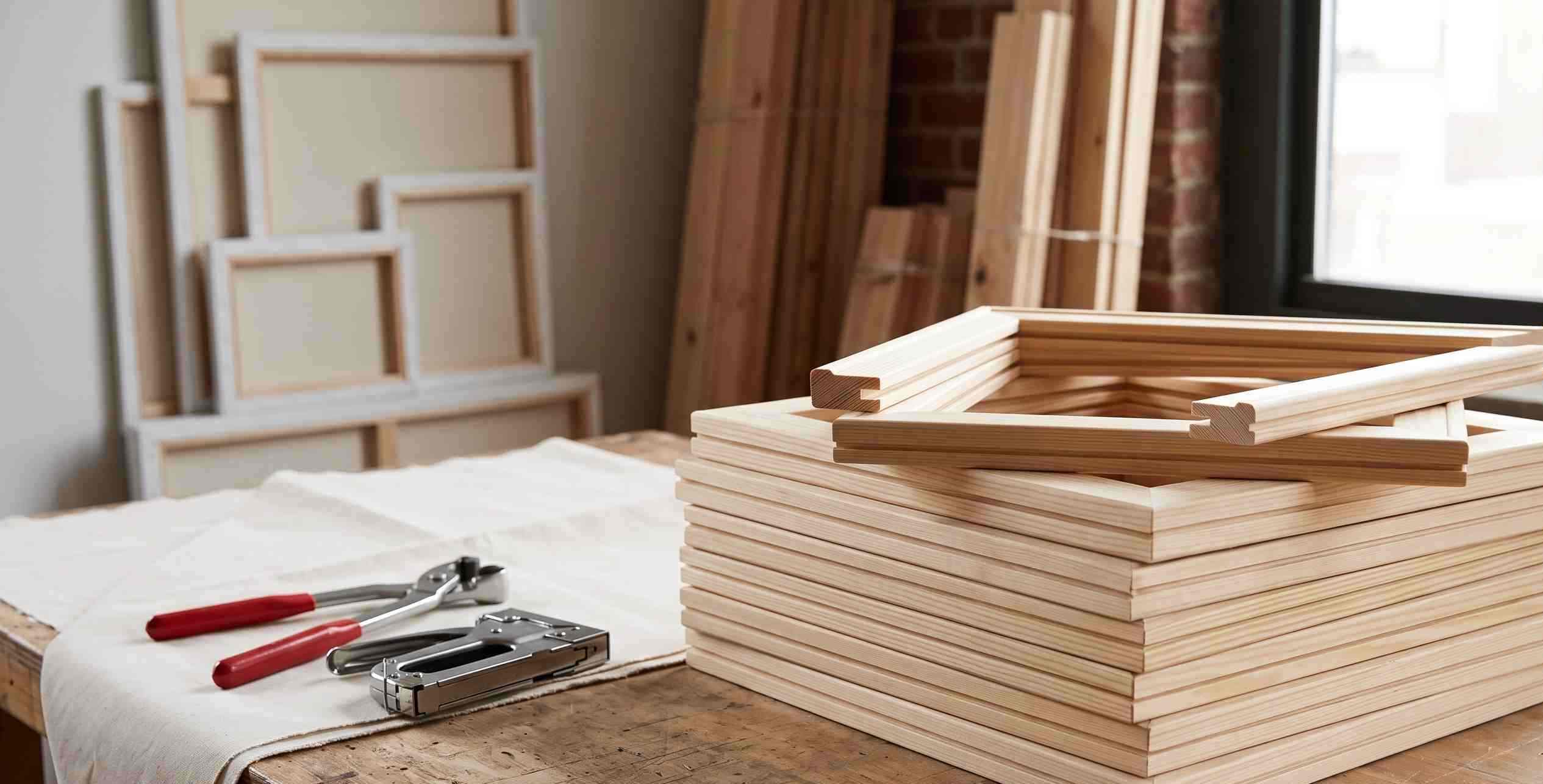 A stack of high-quality, seasoned wooden stretcher bars on a workbench next to unrolled canvas fabric, canvas pliers, and a staple gun in a bright workshop.