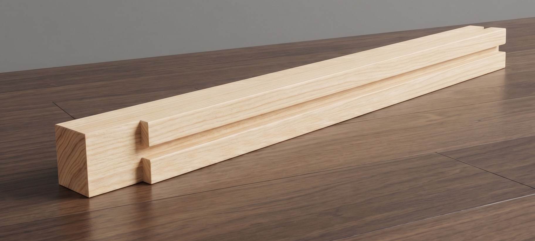 A single, custom-milled light wood stretcher bar with a grooved profile, resting on a dark wooden surface against a seamless grey background.