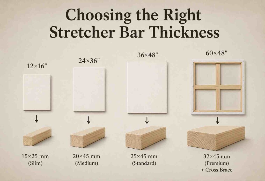 Infographic showing recommended canvas stretcher bar thickness for 12×16, 24×36, 36×48, and 60×48 inch canvas sizes with cross brace comparison.