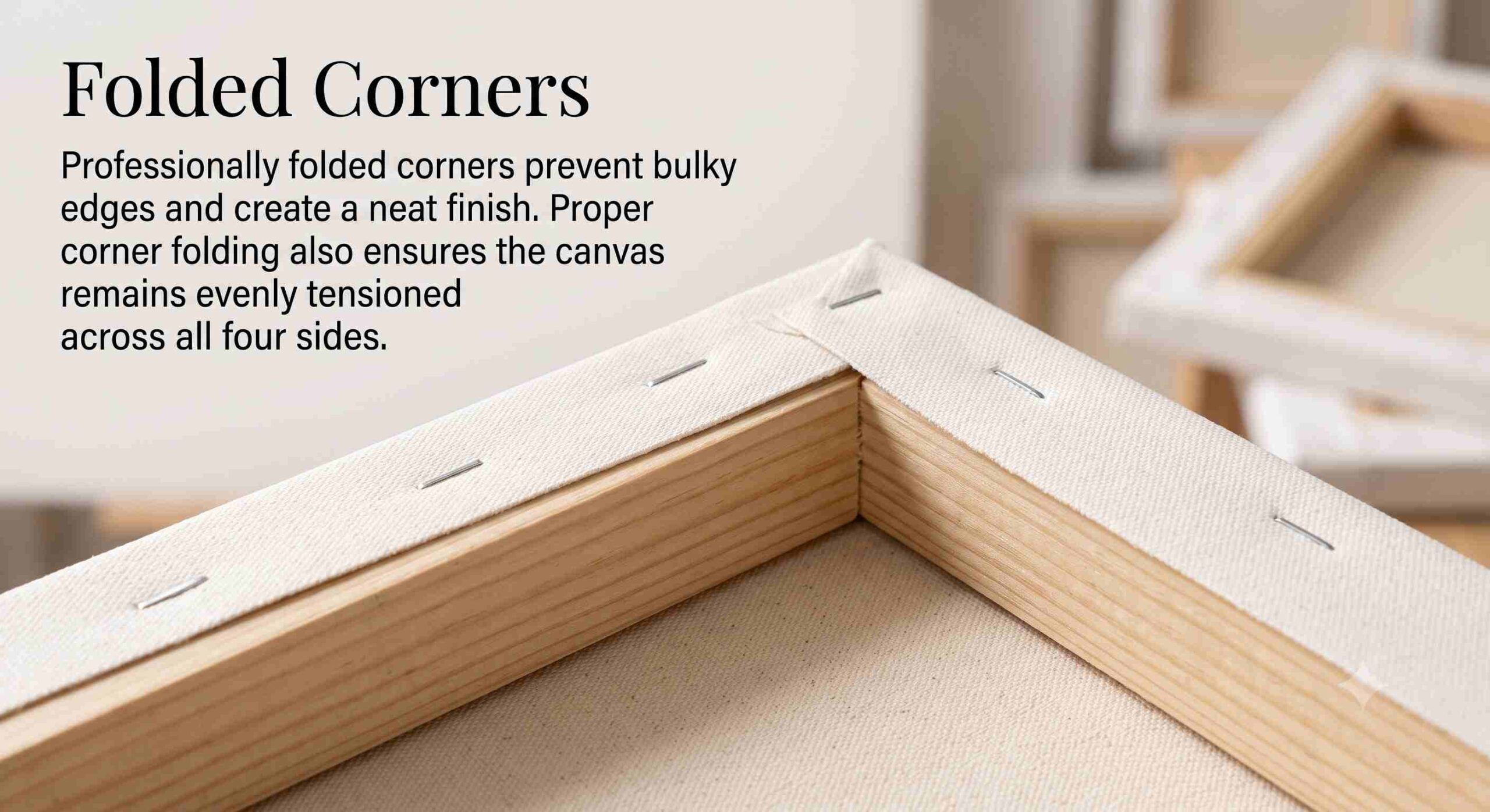 A close-up view of the back of a stretched canvas frame, showing a professionally folded corner secured with staples to a light wooden stretcher bar to ensure a neat, non-bulky finish.