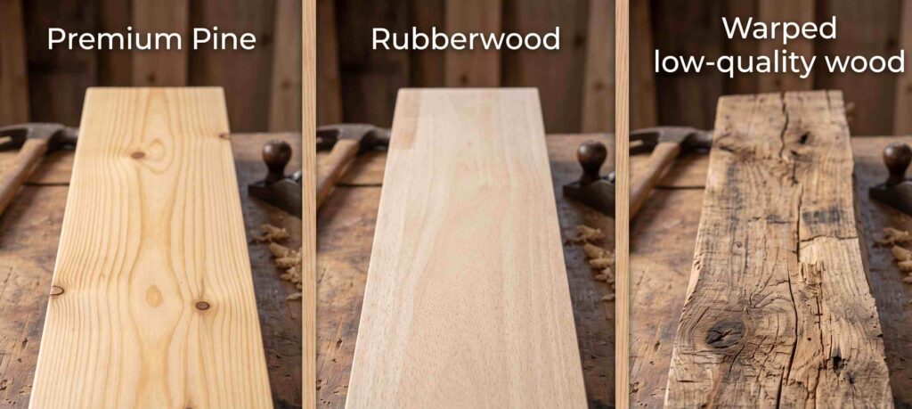 Comparison of pine wood, rubberwood, and warped timber used for stretched canvas frames.