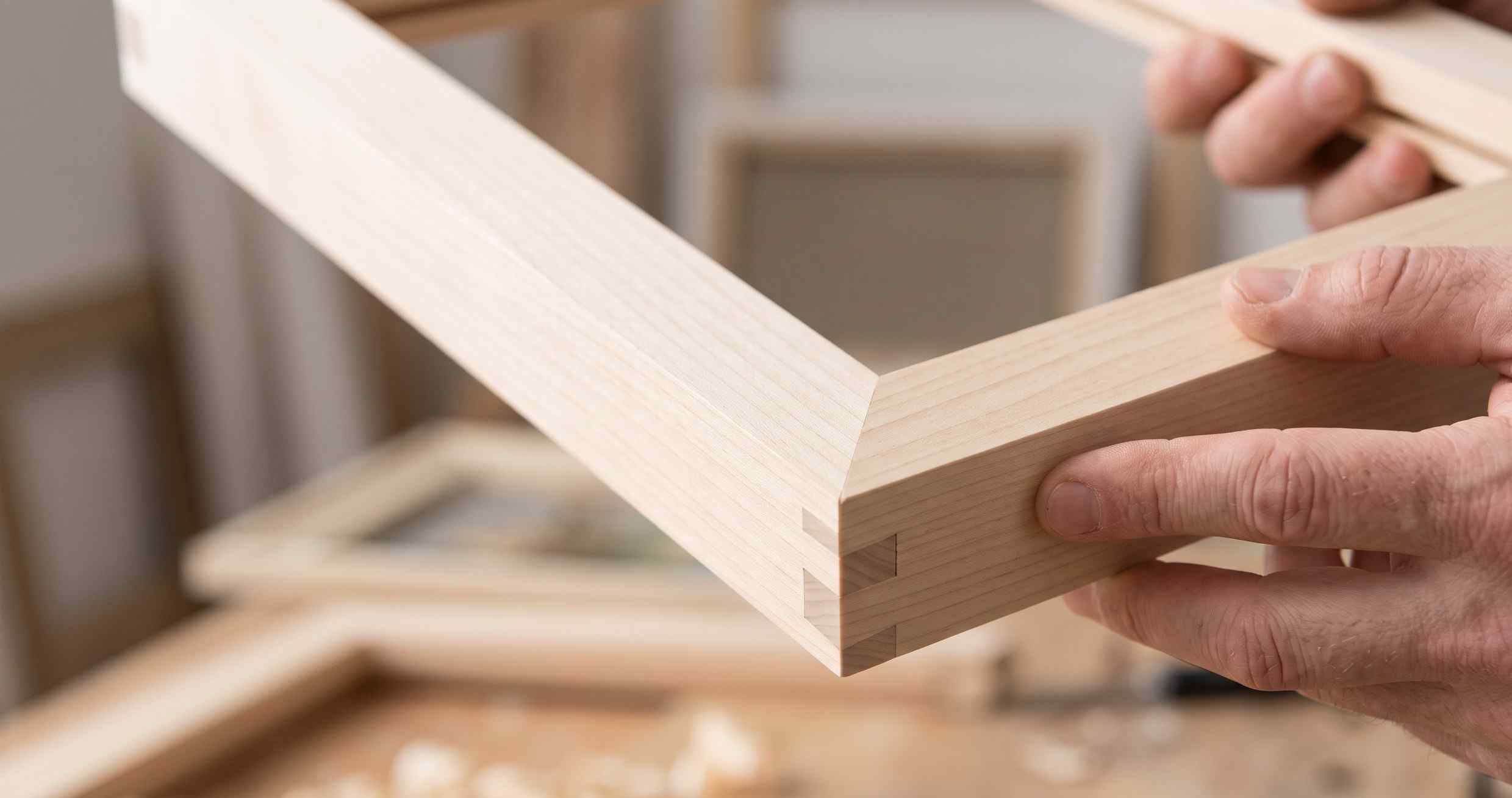 A detailed close-up of a precision-cut finger-joint on a light-colored wood frame corner, held by two hands, with a blurred carpentry workshop in the background and the text 'LIGHTWEIGHT' visible on the join.