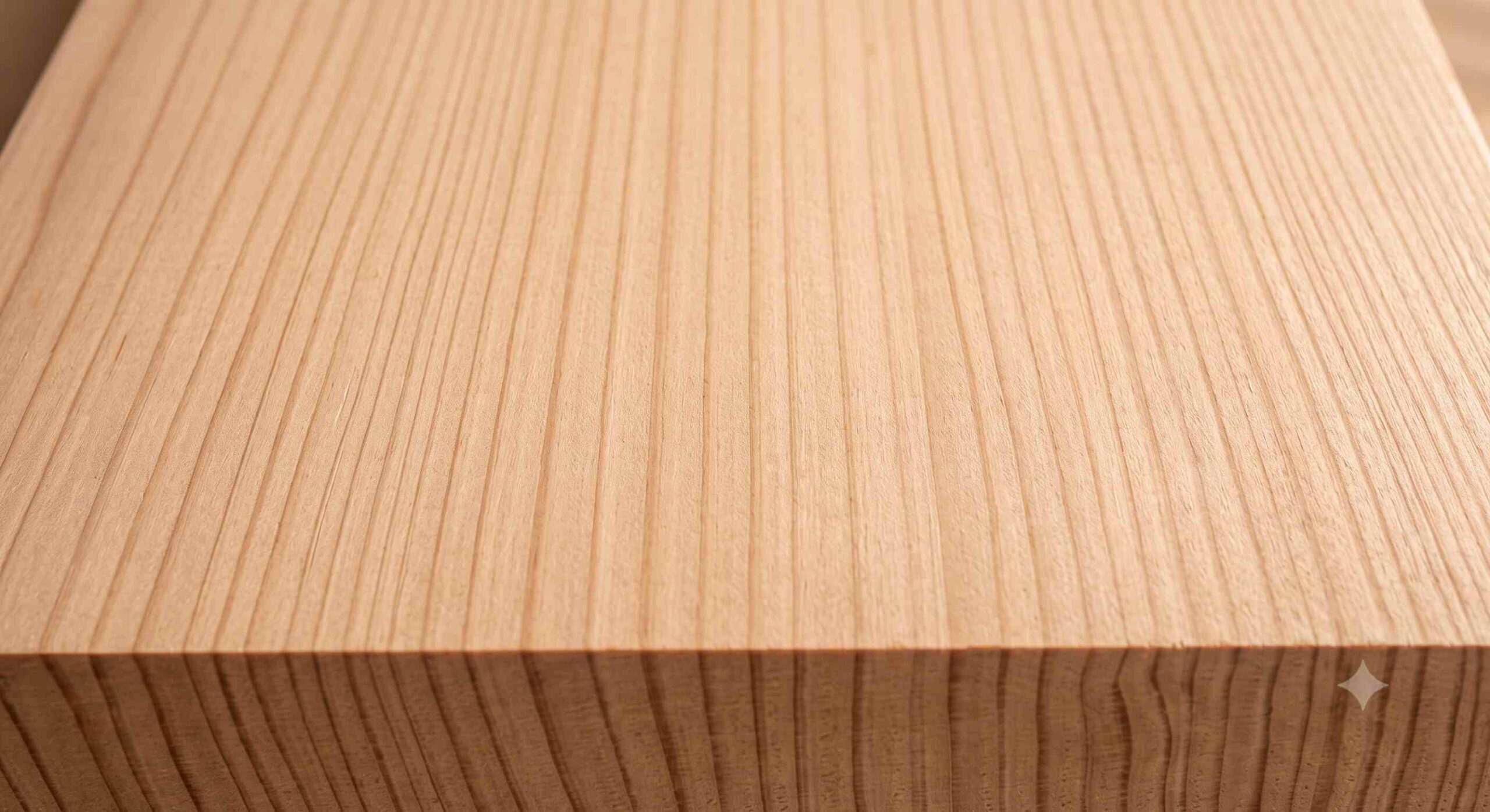 A close-up of a wooden board displaying a uniform, straight grain pattern.