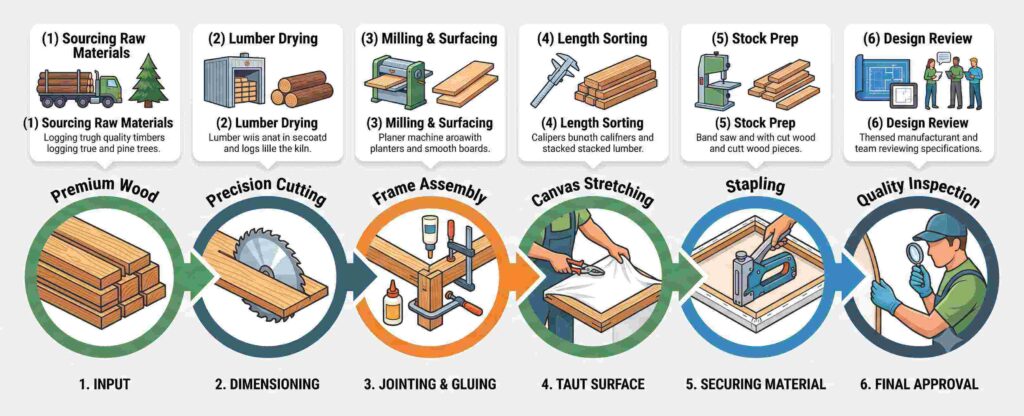Step-by-step manufacturing process of a premium stretched canvas frame from wood selection to final inspection.