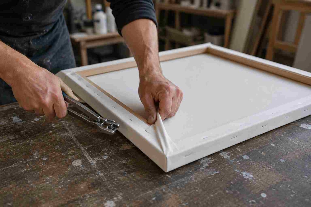 Craftsperson using canvas pliers to stretch canvas tightly over the corners of a wooden stretcher frame in a professional workshop.