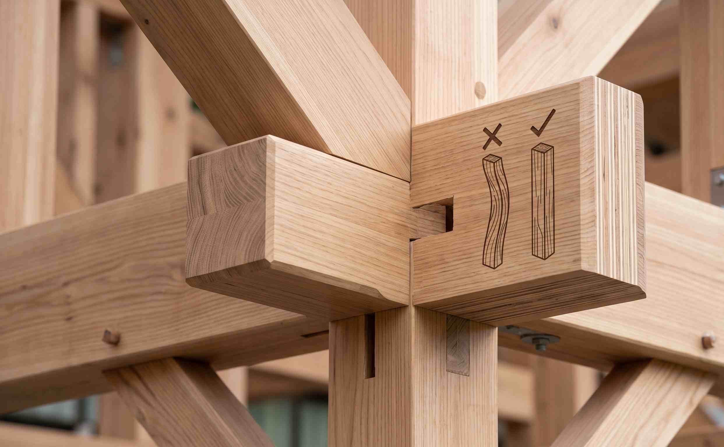 Close-up of a perfectly fitted, warp-resistant wooden joint in a timber frame structure.